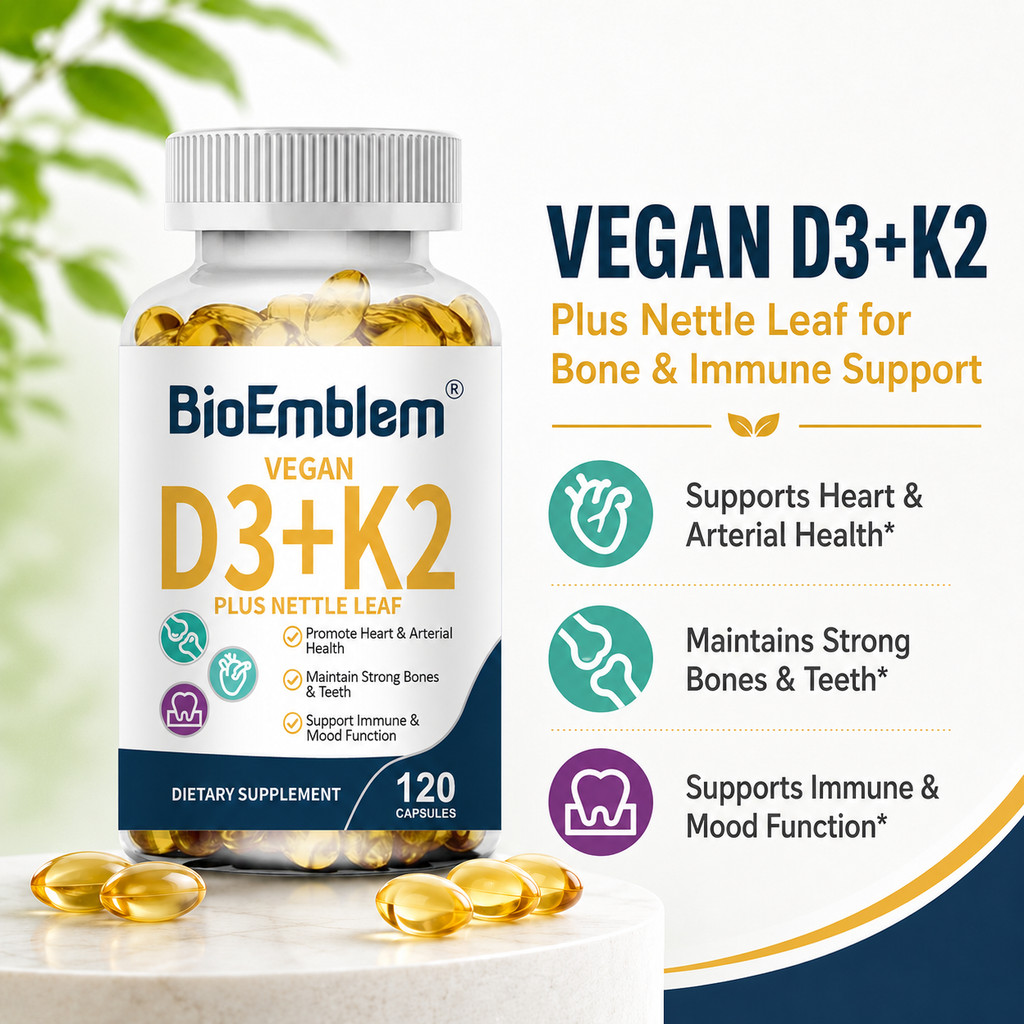 Vitamin D3 K2 Vegan BioEmblem 120 Kapsul - D3 K2 Plus Nettle Leaf untuk Tulang, Jantung dan Imunitas