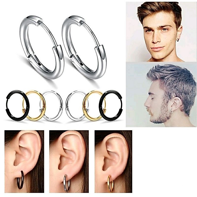 Anting Hoop Pria Dan Wanita Titanium emas silver dan hitam Asli Titanium