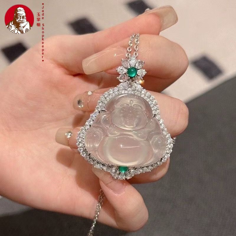 Bahan kuda es liontin Buddha kalsedon putih, kalung Buddha giok wanita batu akik Maitreya
