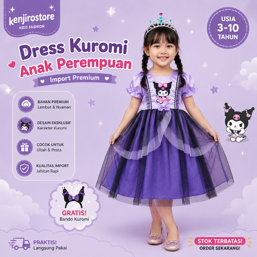 Dress Pesta Kuromi Anak Perempuan Premium | Baju Ultah Anak Karakter Kuromi Import Gratis Bando 3-10