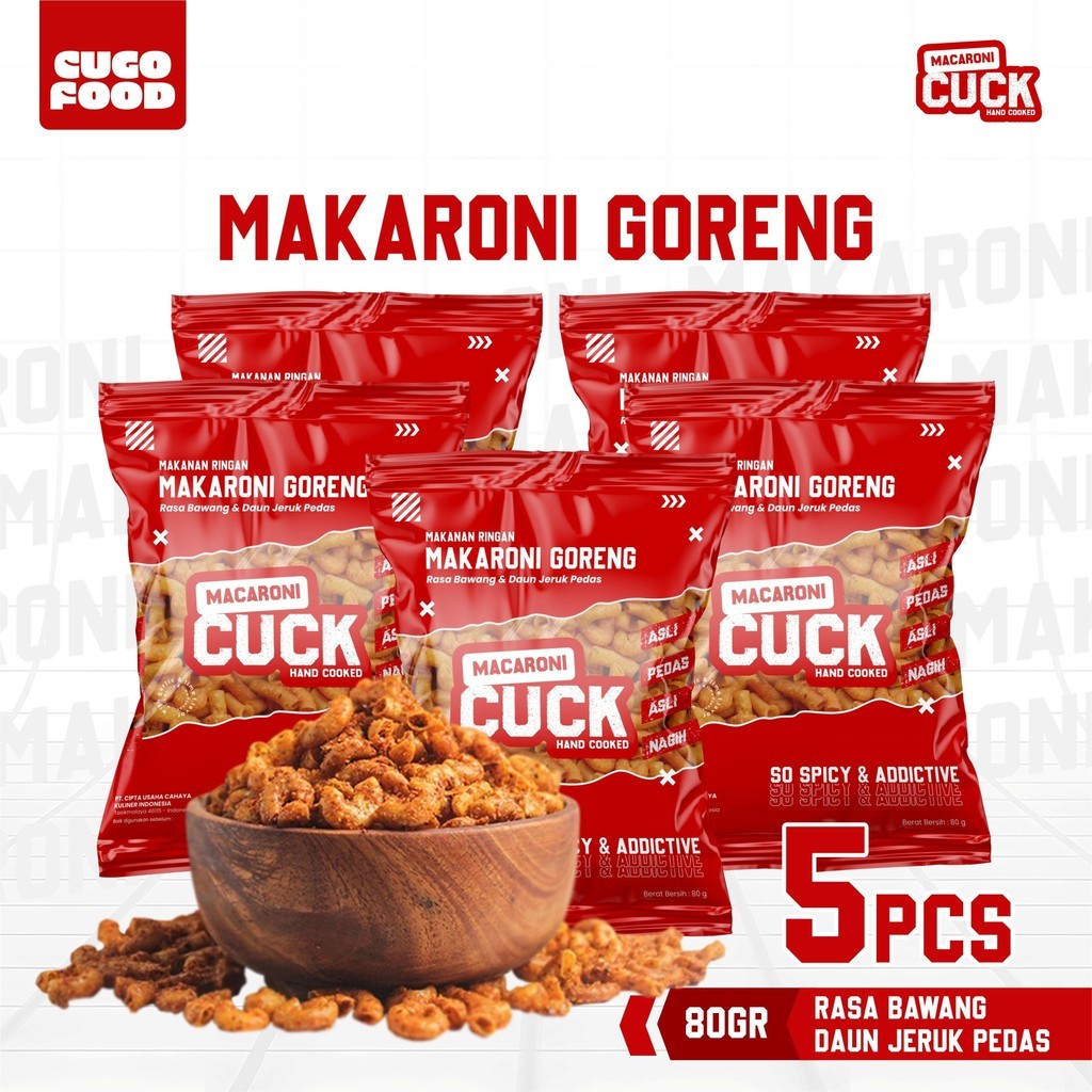 

Makaroni Goreng Daun Jeruk Pedas 5 pcs x 80 Gram Kemasan Reguler Makaroni Cuck Bumbu Cikruh Premium Snacks Cugo Food Camilan Pedas