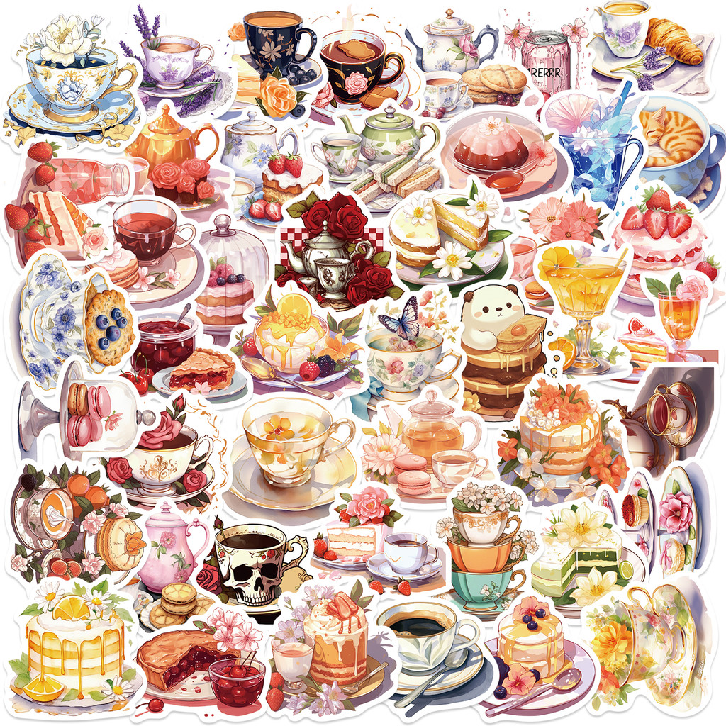 

50pcs Cute Cake Cartoon Aesthetic Stickers Afternoon Tea Coffee Cake Dessert Decoration Decals Funny Sticker for Girl Kids Toys