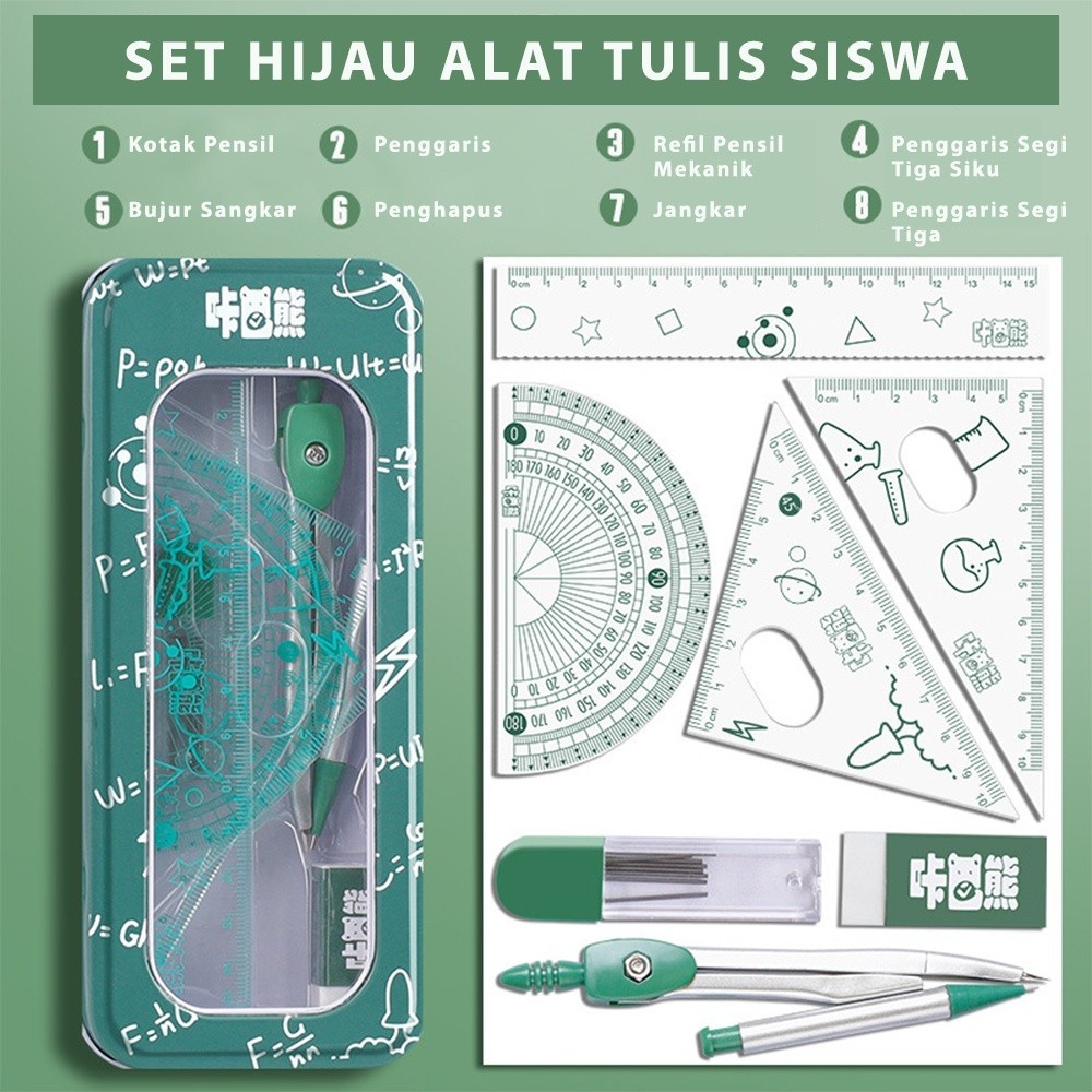 

1 Set Jangka Drawing Set Geometry Tools - Penggaris Segitiga Busur Derajat Pensil Mekanik untuk Sekolah