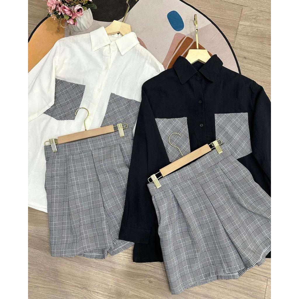 HOLA COUTURE-Erica Set- Kemeja pocket Kotak Kotak Celana Pendek Set