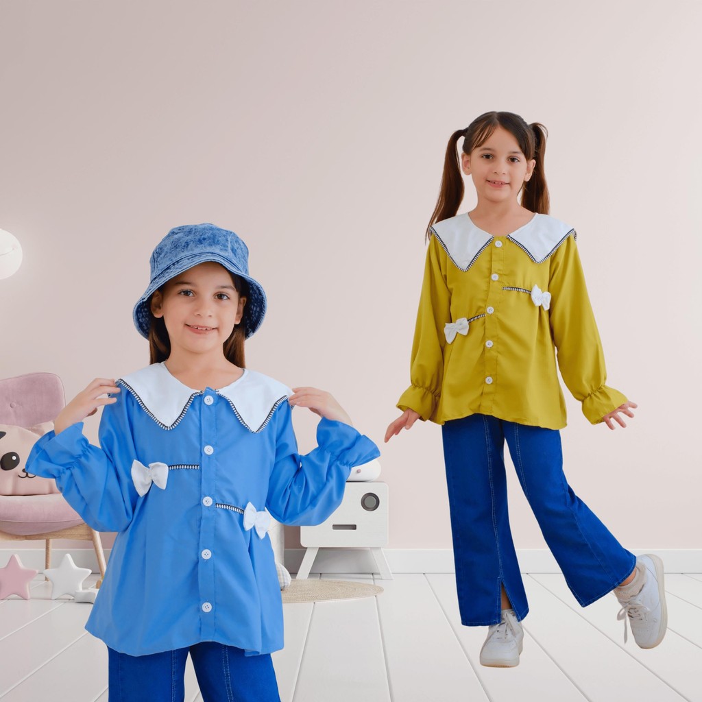 Setelan Anak Perempuan ORIGAMI | Baju Blouse Korea | Celana Jeans Cutbray | 3-12 Tahun Fashion