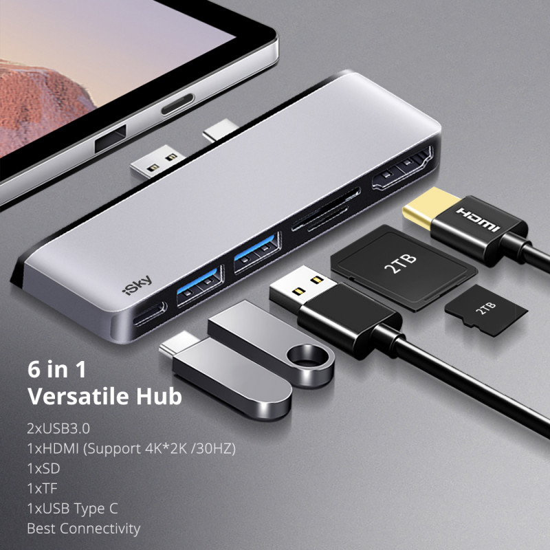 iSky 6-in-1 Docking Station for Microsoft Surface pro 7 4K HDMI Compatible RJ45 USB 3.0 Hub Laptop A