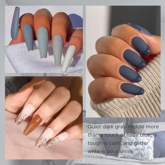 MEFA Gel Nail Polish Set - 6 Warna Putih Abu-abu Coklat Putih dengan Stiker Cat Kuku Gel Glitter Per