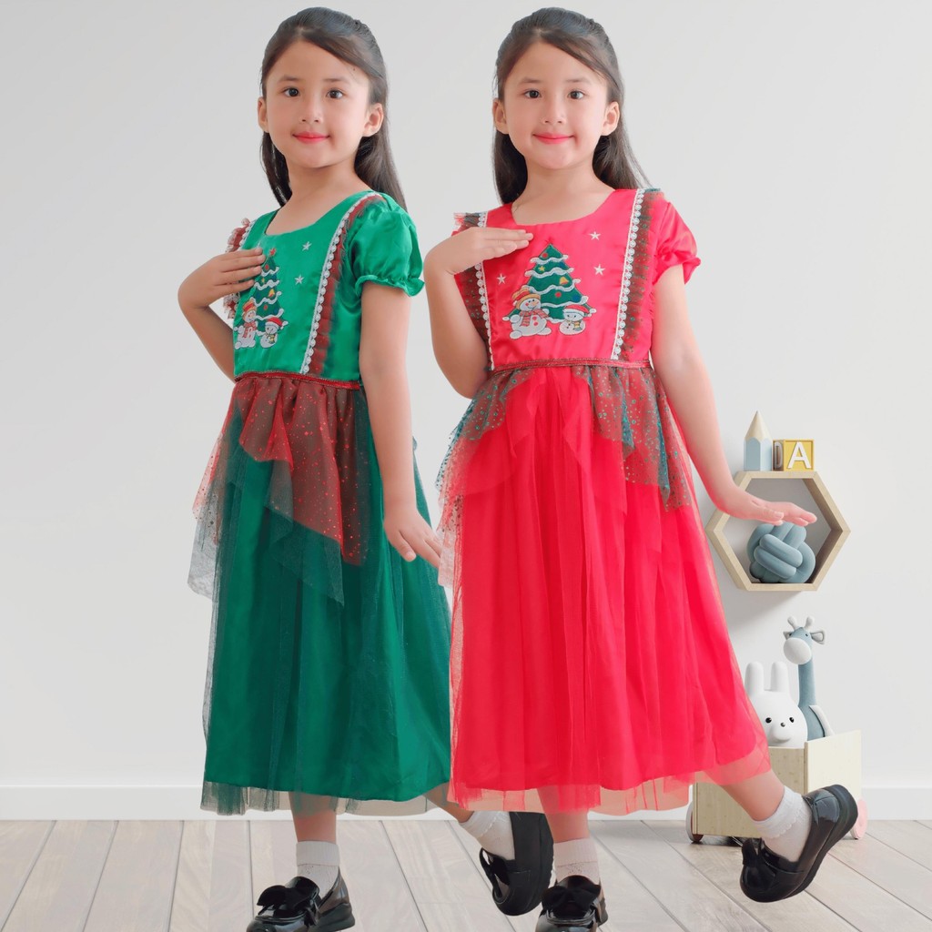 Gaun Pesta Anak Perempuan Dress Natal Pohon Santa Baju Pesta Natal Import Usia 3-8 Tahun Fashion