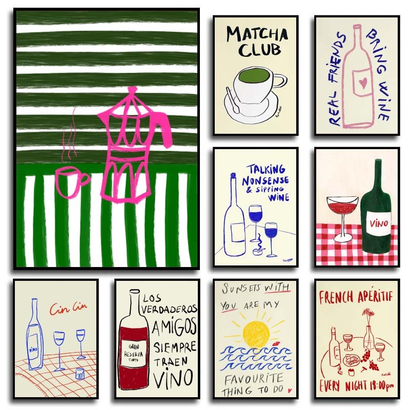 

Colorful Drawings Abstract Art Food Posters Canvas Decorations Painting Coffee Tea Wine Vintage Room Home Aesthetics Wall Decor