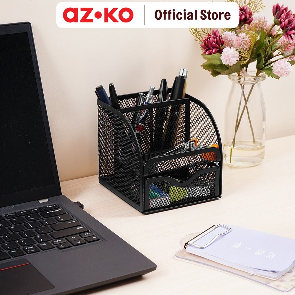 AZKO Stora Tempat Pensil Meja Dengan Laci - Hitam Tempat Pensil Aksesoris Meja Perlengkapan Kantor A