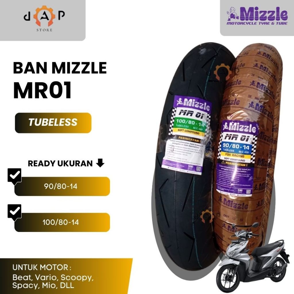BAN MOTOR MATIC RING 14 // MIZZLE MR01 (RACE COMPOUND) TUBELESS BAN MOTOR VARIO, BEAT, MIO