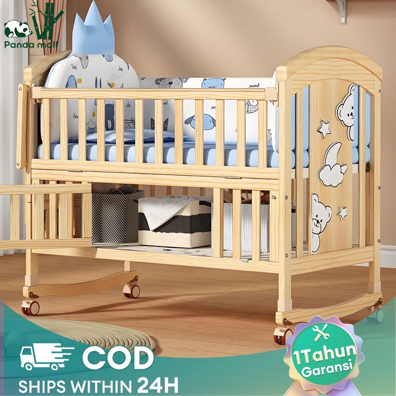 Tempat Tidur Bayi Kayu Solid Box Bayi Lipat Multifungsi Baby Crib Box TempaTidur Bayi 0-3 Tahun