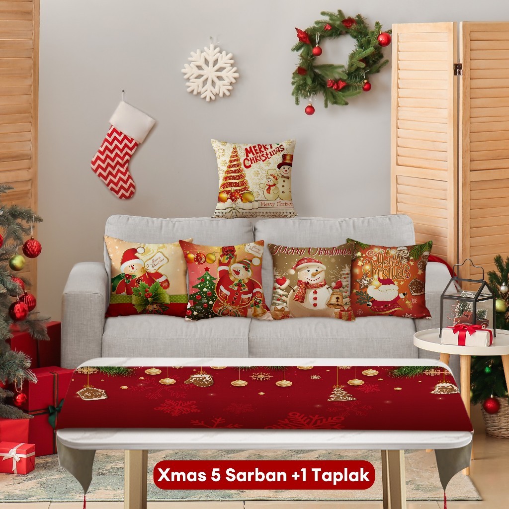 Natal Cetak Linen 40*40cm Sarung Bantal+ Taplak Meja Setelan Dekorasi Xmas Rumah 6 Buah Set Alas Mej