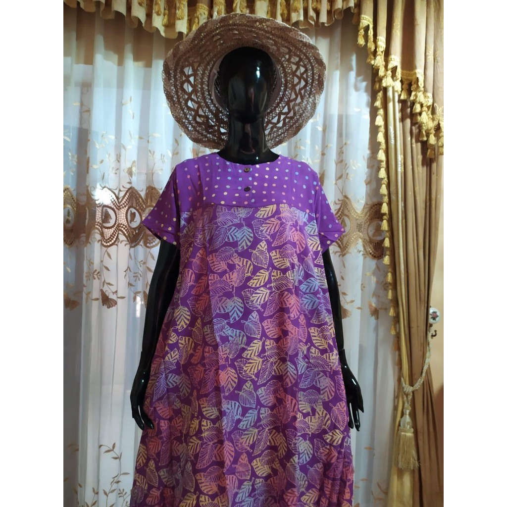 Daster Rayon Premium Motif Polkadot Kombinasi dengan Desain Daun Warna-warni dan Pola Polkadot Elega