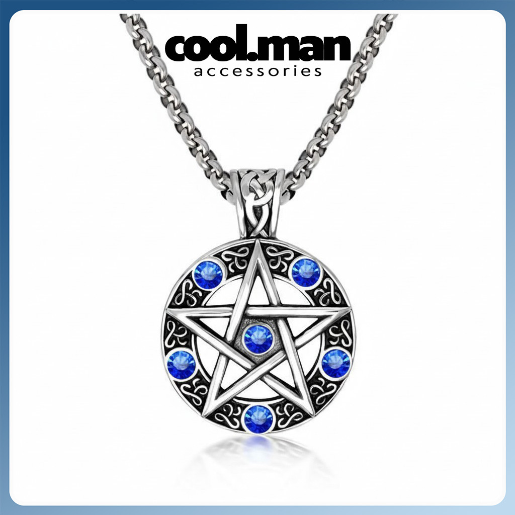 Kalung Pentagram Bintang Stainless Steel Kristal Biru Pria Wanita Gothic Rock Metal Fashion Anti Kar