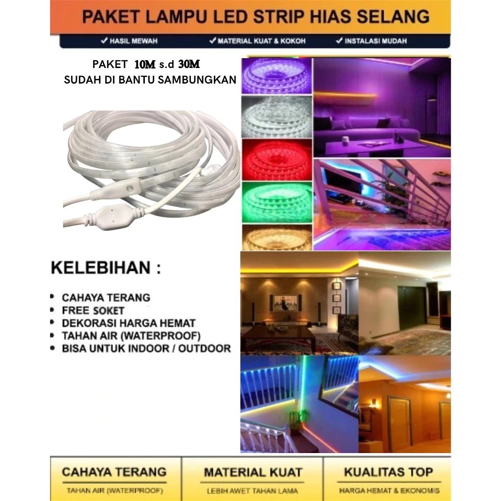 5050 PAKET Lampu Led Strip Selang 5050 10M-15M-20M-25M-30M (lampu strip+ Soket) 5050 Lampu Hias Cafe