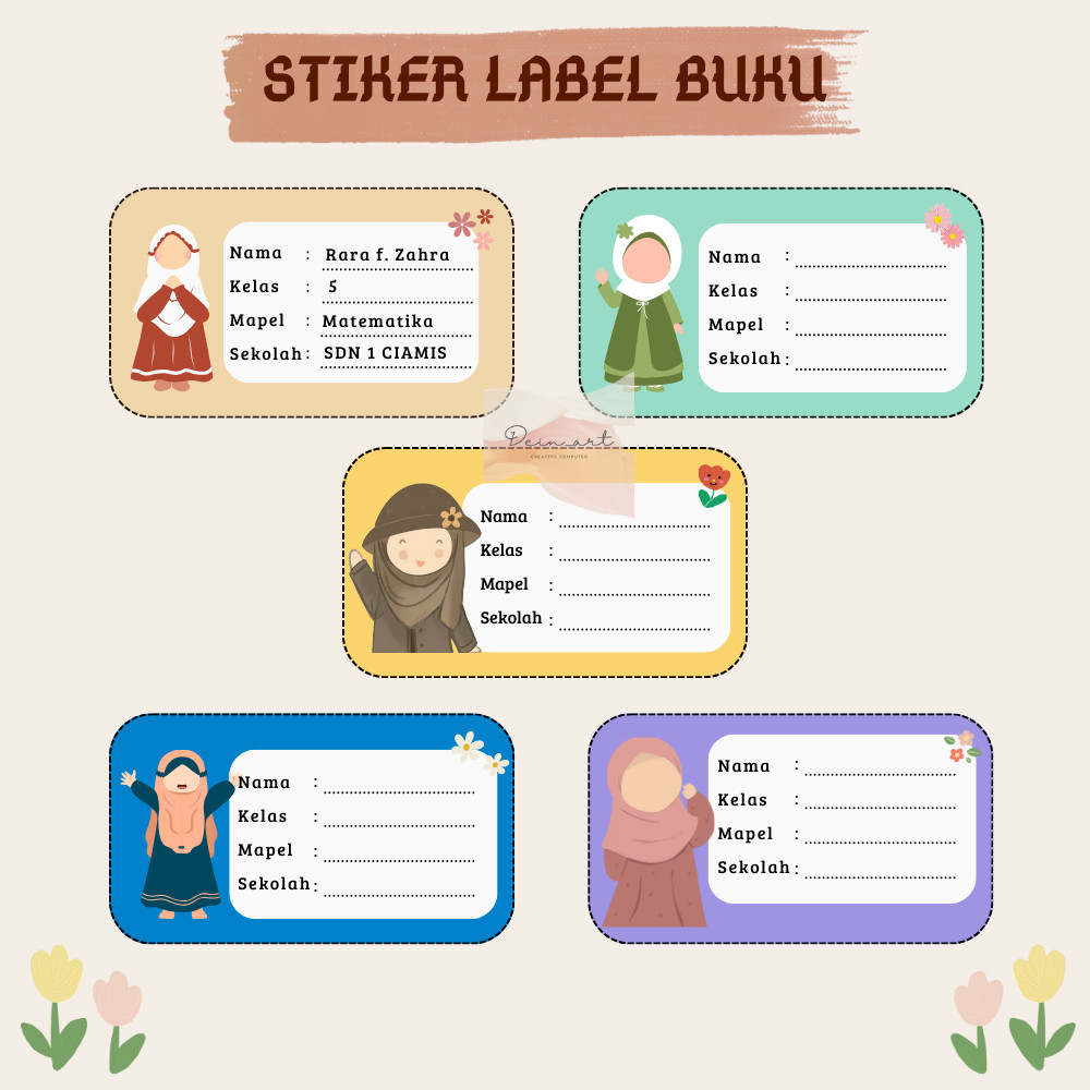 Label Sticker Stiker label Nama Buku Pelajaran Sekolah Stiker nama buku tempelan Aesthetic Muslimah