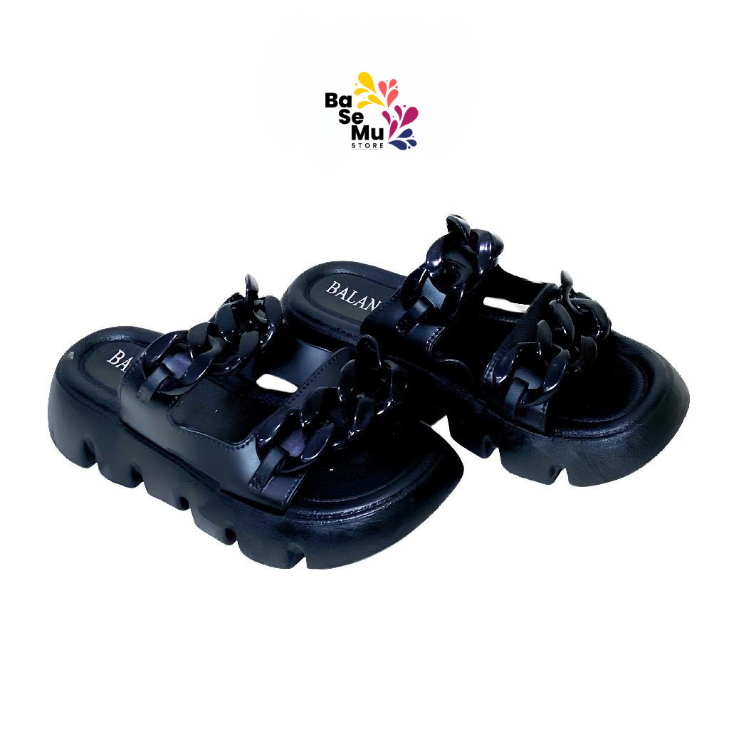 Sandal Slop Wanita Rubber PVC Sendal Wedges Jelly Karet Import Balance Motif Rantai - 2312