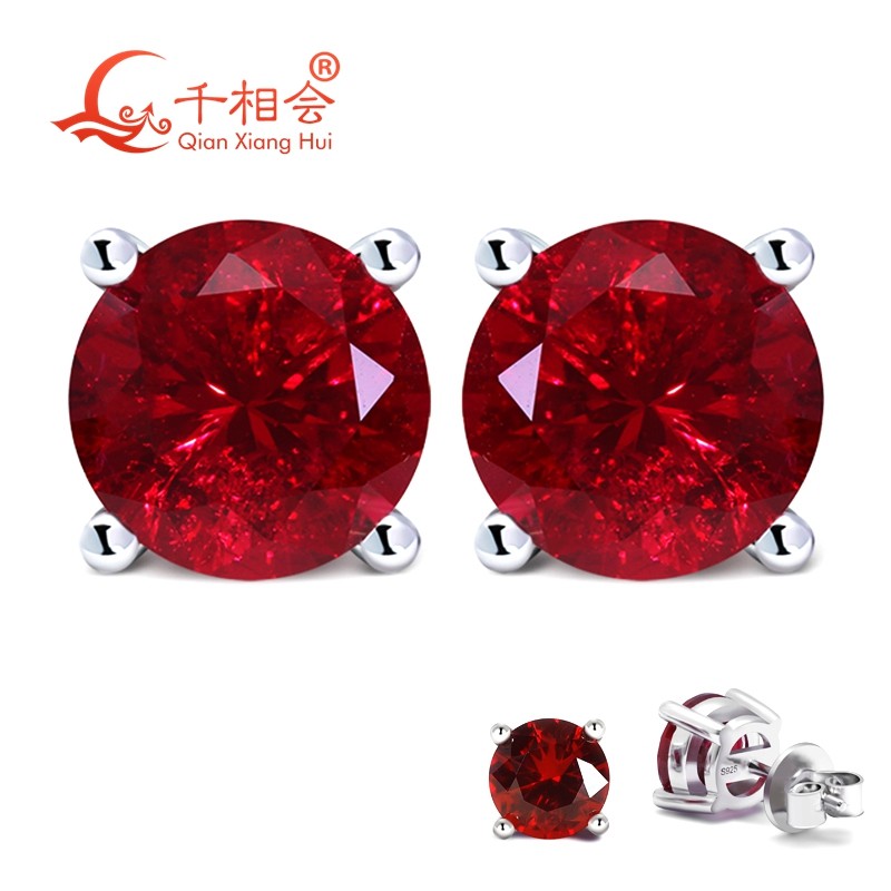 Lab Created Ruby Ear Stud 5-9mm Pigeon Blood with inclusions Red round Shape Single Stone S925 Silve