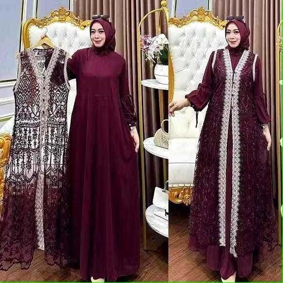 BJP - Dress Gamis Kondangan  Gamis Outer Brokat Dress Kondangan Burgundy Mewah Dan Elegan TERBARU
