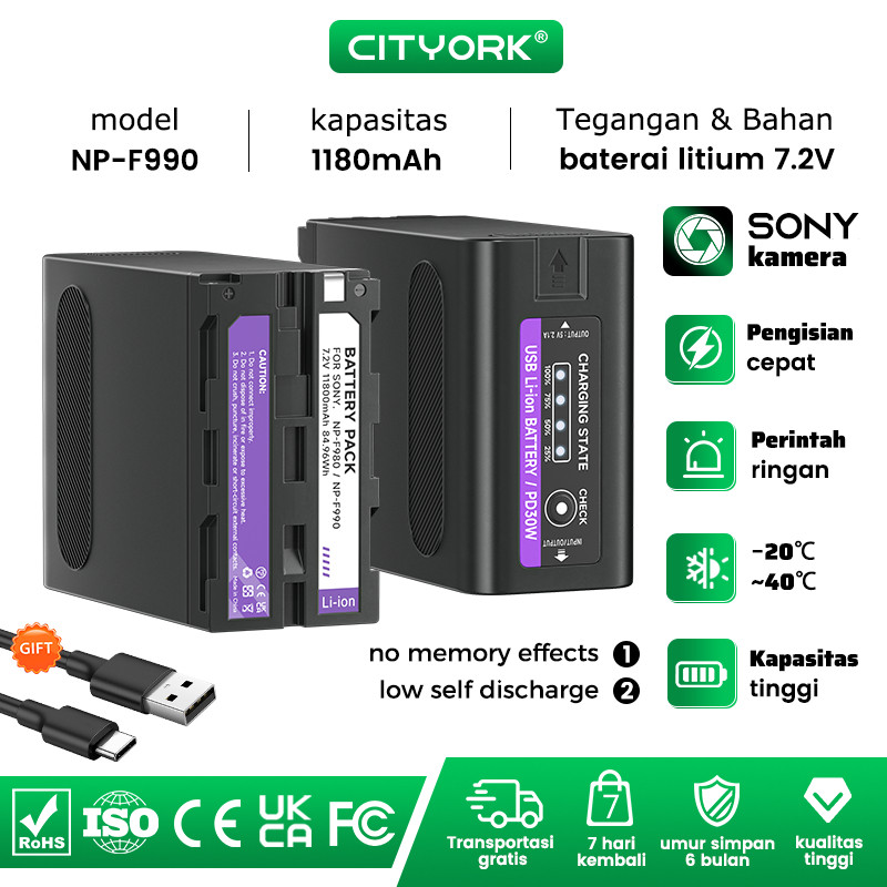 Camroom Cityork Baterai Kamera 11800mAh NP-F990 NP-F970 F960 F970 dengan Indikator Daya LED untuk Mo
