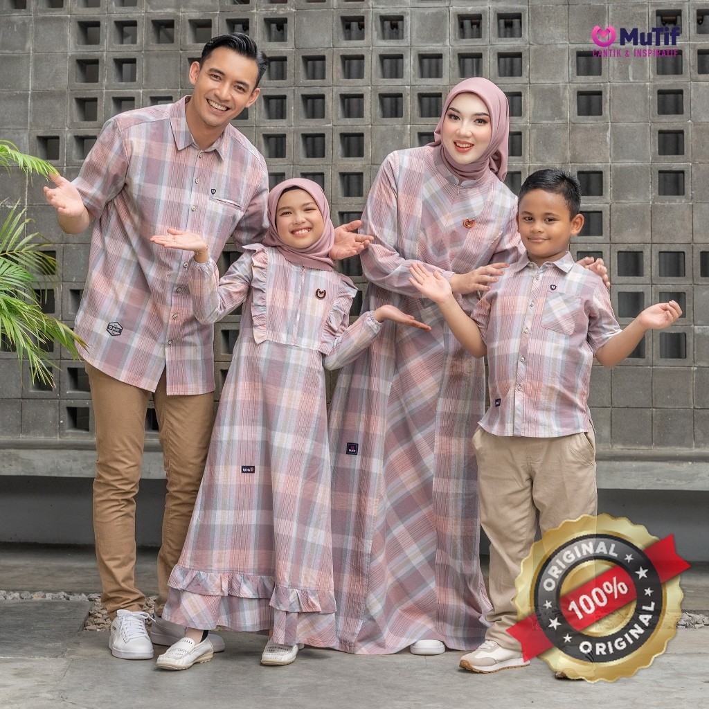 MUTIF Sarimbit Allura Nadeem Dusty Pink Motif Kotak Koko Pendek dan Gamis Dewasa dan Anak Baju Coupl