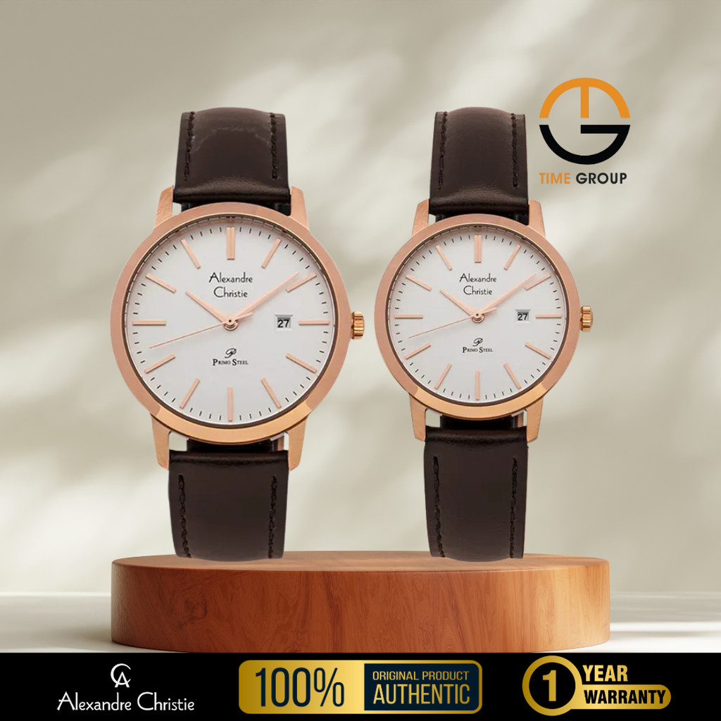 JAM TANGAN COUPLE ALEXANDRE CHRISTIE AC1007 M/LDLRGSL ROSEGOLD SILVER LEATHER STRAP ORIGINAL