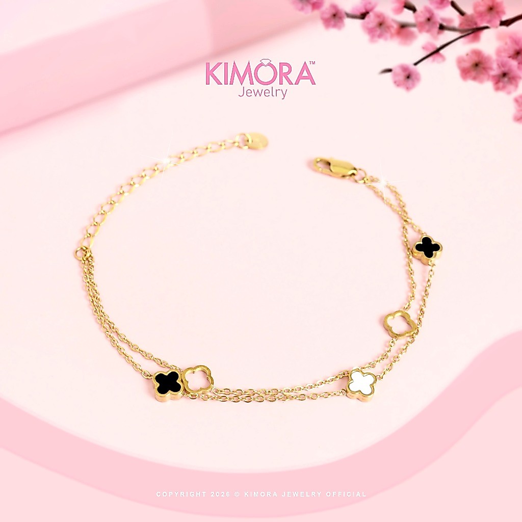 Kimora - Gelang Rantai Titanium Premium Wanita Bunga Hitam Paola Gold Plated Gtt342
