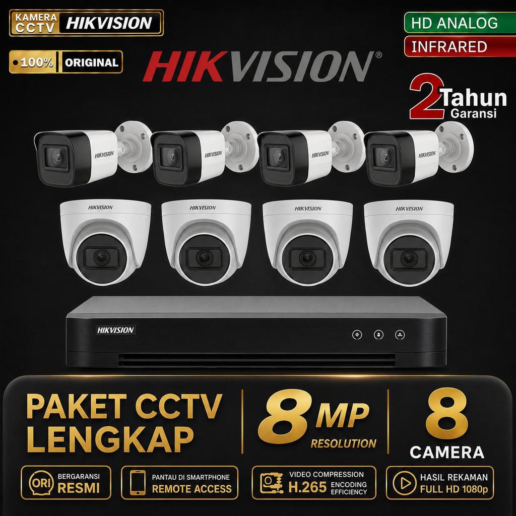 Paket CCTV HIKVISION Kamera Analog 8MP 8 Channel 8 Kamera