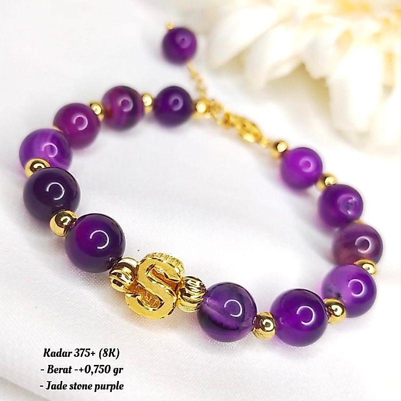 EMAS HURUF ALFABETA KADAR 8K GELANG JADE STONE AMETHYST UNGU PURPLE