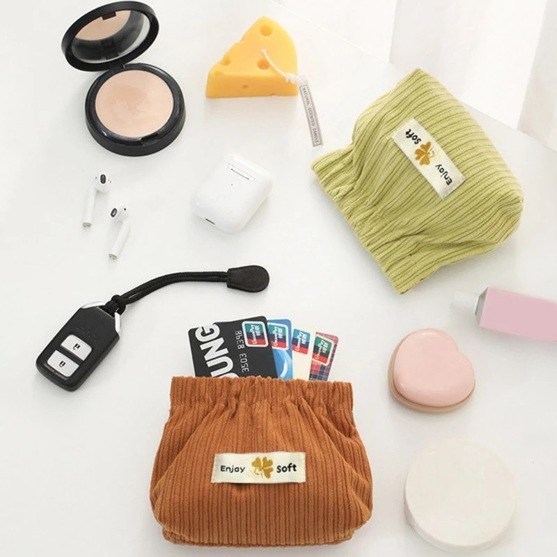 T6844 Tas Makeup Mini / Pouch Dompet Solid Bahan Corduroy / Lipstick Koin Magnet Serbaguna / Pouch T
