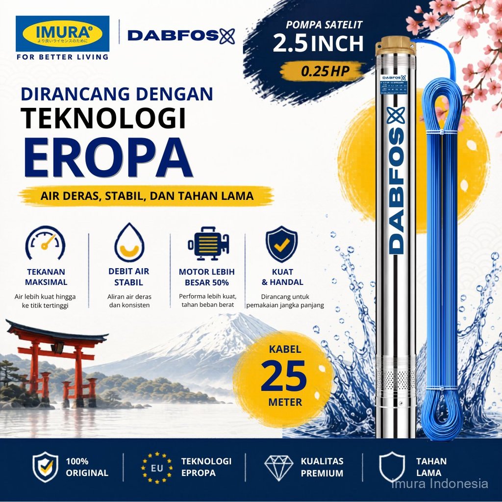 Pompa Satelit Dabfos 2,5 Inch 0.25 HP + Kabel 25 Meter– Submersible / Sible Berkualitas / Teknologi 