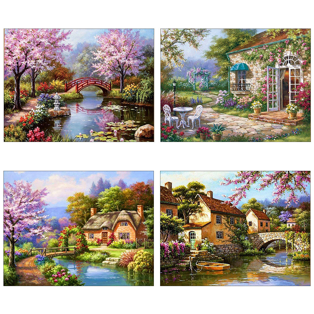 

Meian Landscape Cross Stitch Kits Cartoon Houses Stream Cherry Tree Dream Home Decor Painting Embroidery Set DMC Printed Canvas