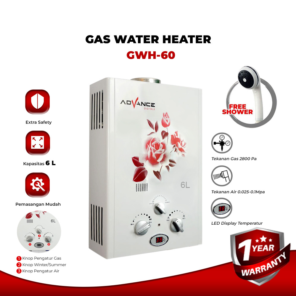 ICION Murah Advance GWH60 Gas Water Heater Pemanas Air Kamar Mandi Gas Bonus Selang Dan Shower Alat 