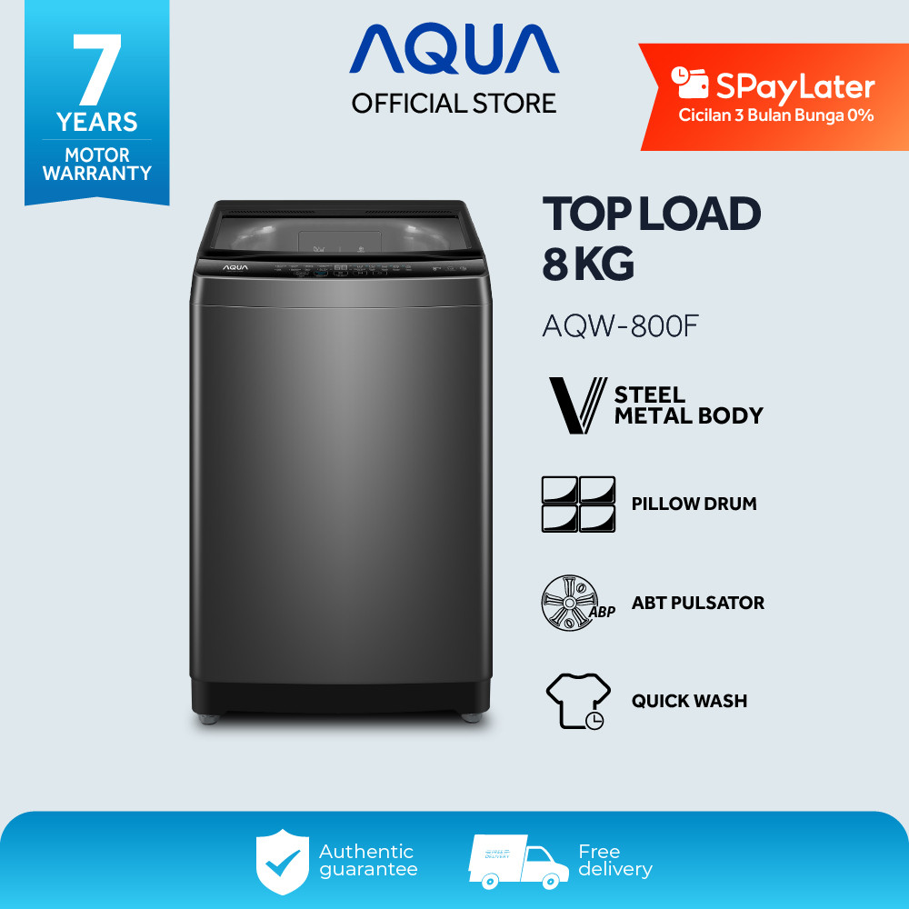 AQUA Elektronik AQW-800F Mesin Cuci Top Loading 8 Kg - V Steel Metal Body - Pillow Drum - ABT Pulsat