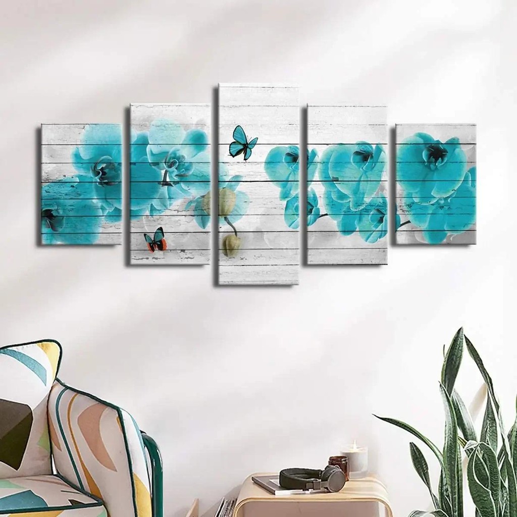 

No Framed Canvas 5 Pieces Turquoise Flower Blue Floral Wall Art Posters Picture Home Decor Paintings for Living Room Decorations