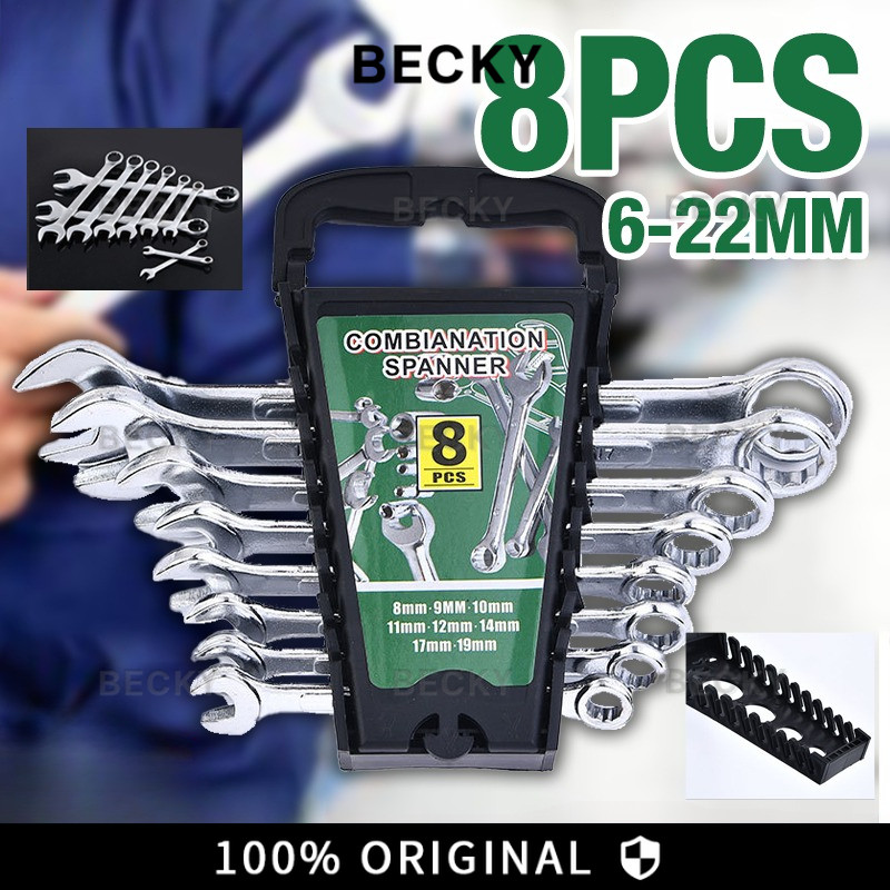 BECKY Kunci Ring Pas Set 8 Pcs 8-19mm 6MM - 22MM Kunci Ratchet Kunci Kunci Pas Set Perkakas Tangan A