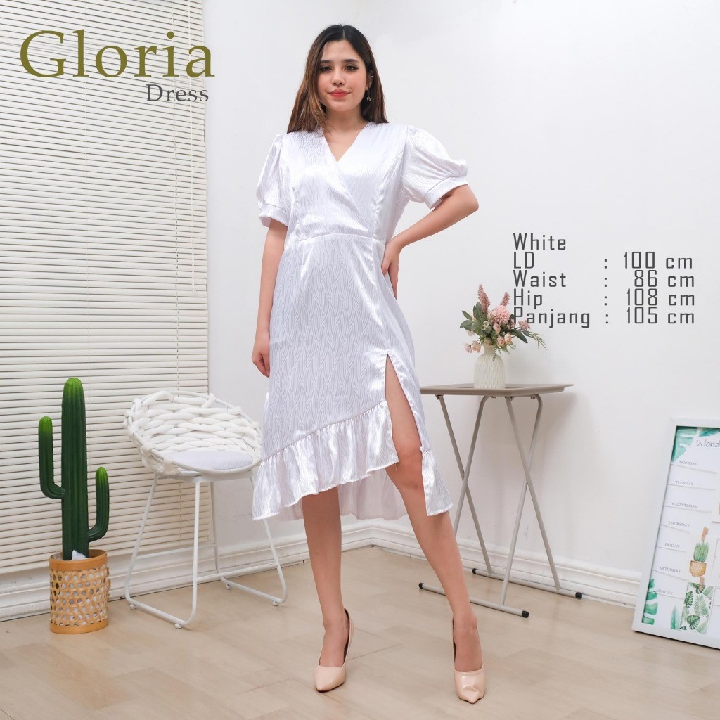 HNA Gloria Dress Jacquard Armani Silk Assymetric Dress Wanita V-neck