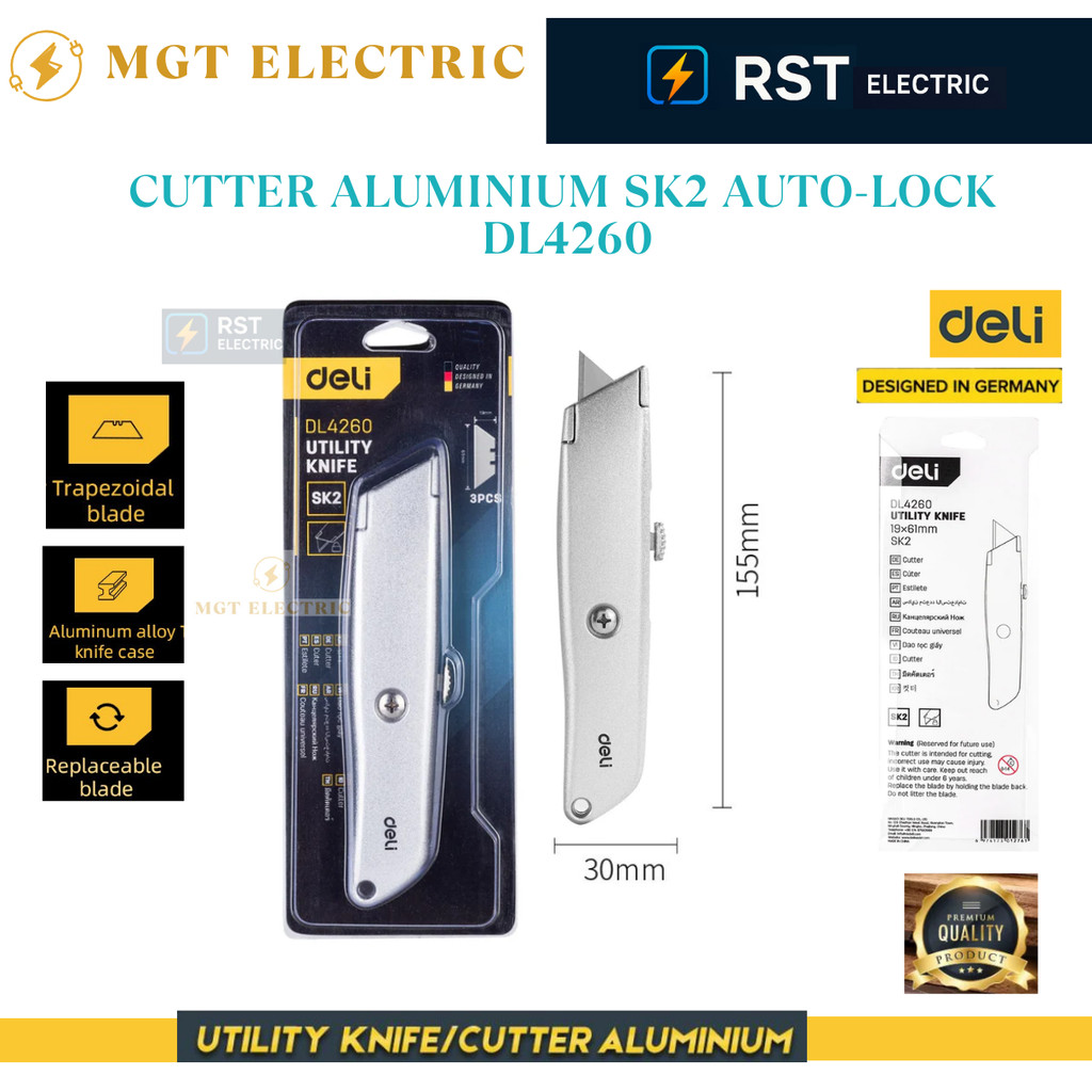 

Deli Utility Knife / Cutter Aluminium SK5 Auto-lock Perkakas DL4260