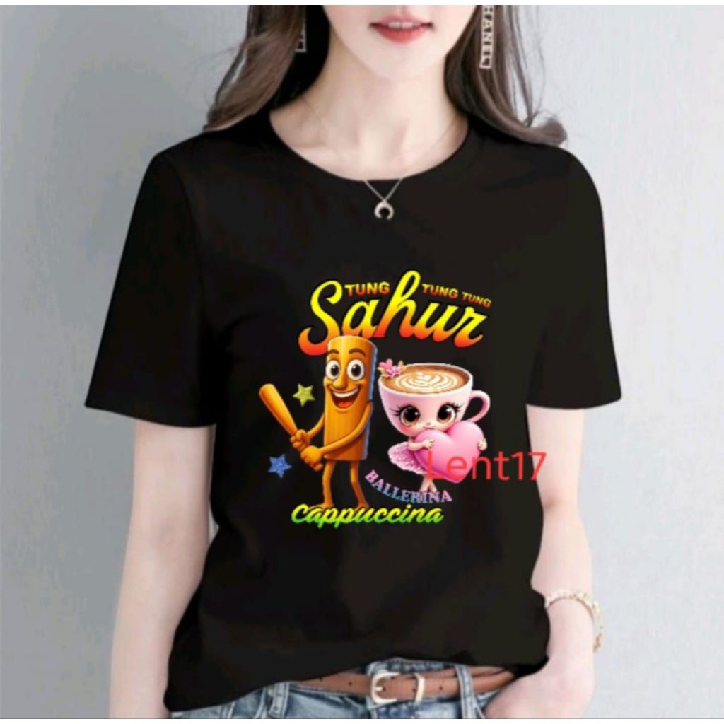Pakaian jalanan Kaos Oblong Wanita Dewasa Motif Tung-Tung Dan Ballerina Baju Atasan Wanita Lengan Pe