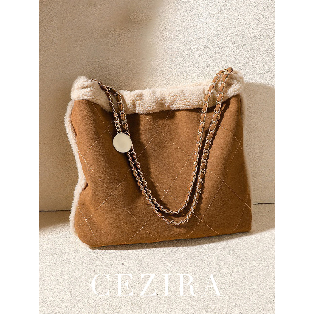 Winter Women's Fashion Large Casual Shoulder Bag Faux Plush Quilted  Argyle Thread Chain Strap Handb