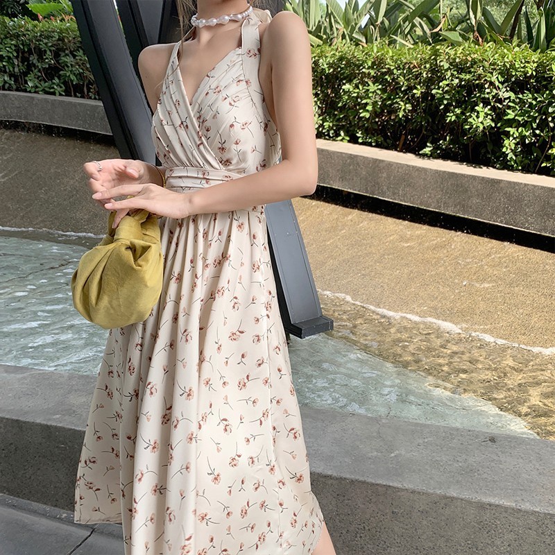 Air QZ106 Long Dress Wanita leher halter Casual Dress Overall Floral Korean Dress Vintage Dress Swee