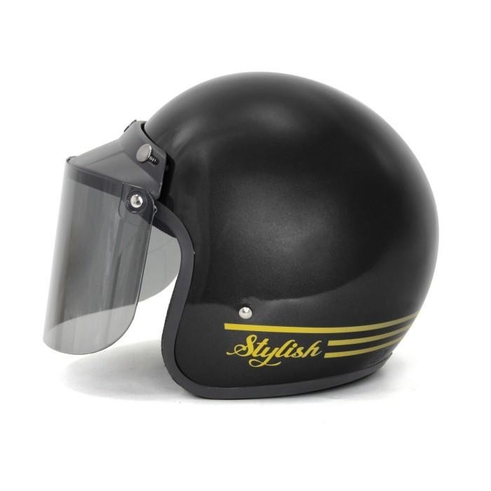 Helm Bogo Wanita Pira dewasa / helm bogo garis glassic pria wanita SNI - HITAM GLOSSY, TANPA KACA