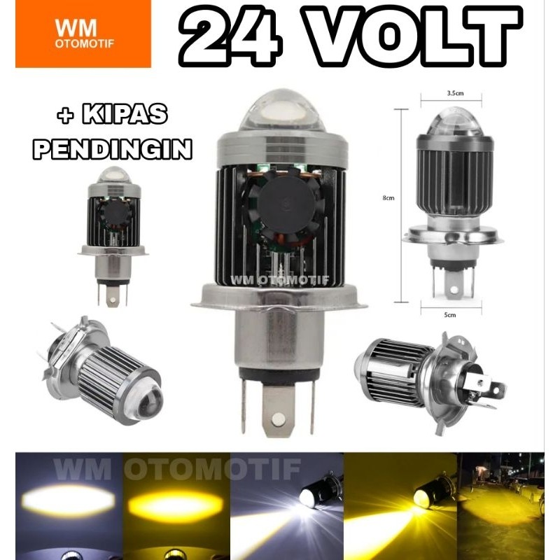 Lampu LED Utama 24 Volt H4 Depan Kipas Pendingin Laser Gun High Low 2 Warna Putih Kuning D3 Truk Bus