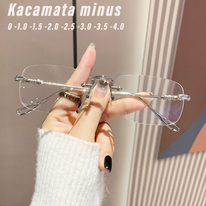 Kacamata minus Borderless square Kacamata untuk rabun jauh Anti-blue light metal lensa minus anti ra