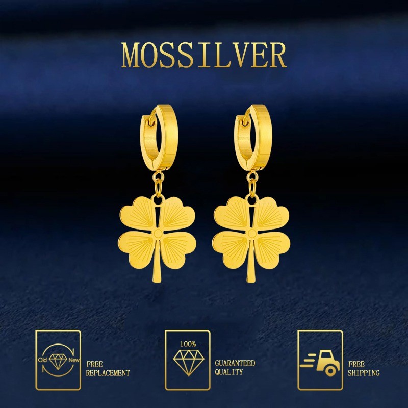 MOSSILVER Anting-anting Kelopak Hati Baru Kepribadian Klip Telinga Daun Bunga Hati Empat Daun