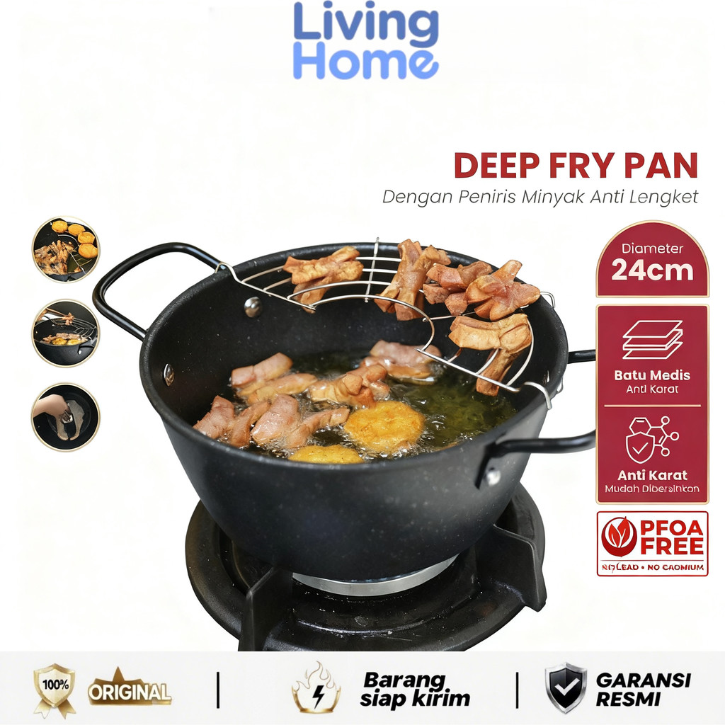 Living Home- Wajan Penggorengan 24cm 22 cm Dengan Rak Tirisan Deep Fryer Pot Panci Penggorengan