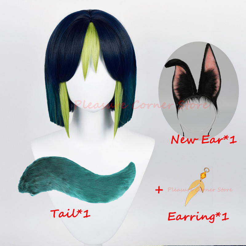 Sumeru Tighnari Cosplay Wig Genshin Impact Tighnari Ear Tail Prop 30cm Short Heat Resistant Syntheti