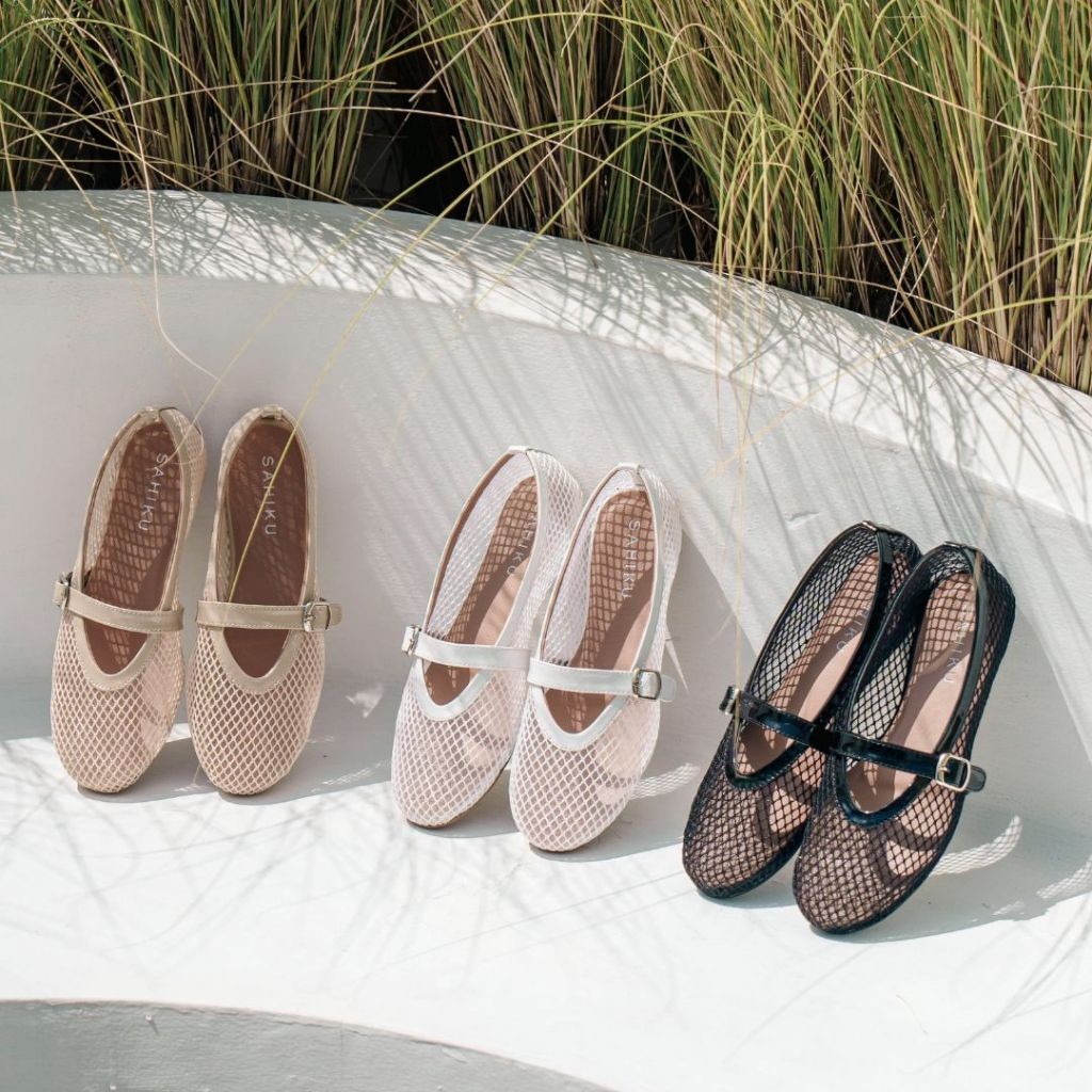 SAHIKU-Brielle Mesh FlatShoes | Sepatu Balet Fishnet Mary Jane Flat Shoes Jaring Korean Style Wanita