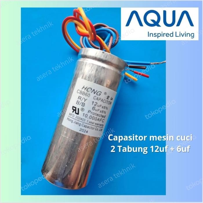 sPaRePaRt CAPASITOR MESIN CUCI AQUA 2 TABUNG 12uf + 6uf ORIGINAL